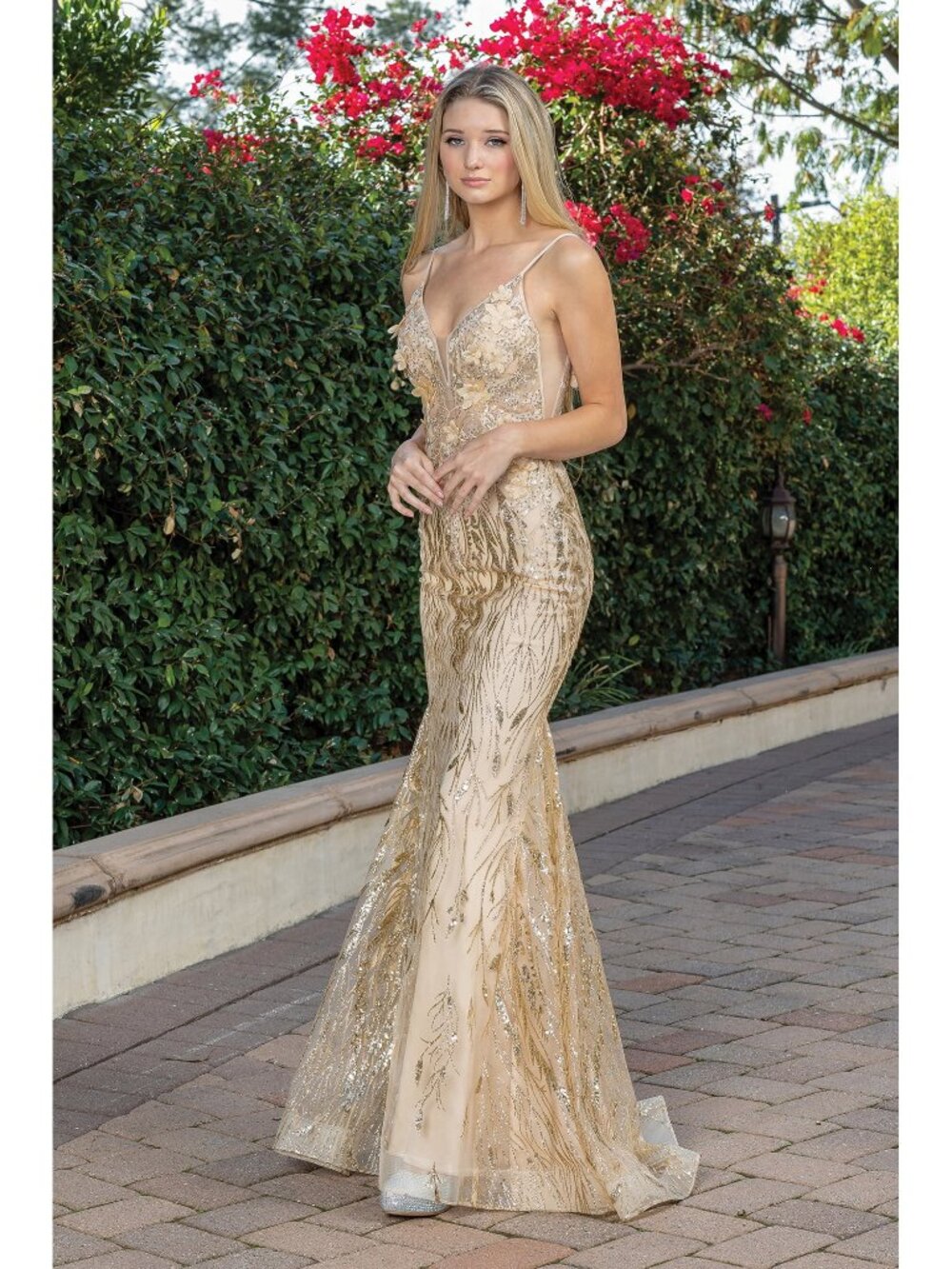 NEW GOLD Sequin & Beaded V-Neck Prom Gown Floor Length Embellished 4275